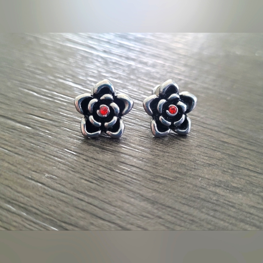 Stainless Steel Flower Stud Earrings With Ruby Red CZ Accent